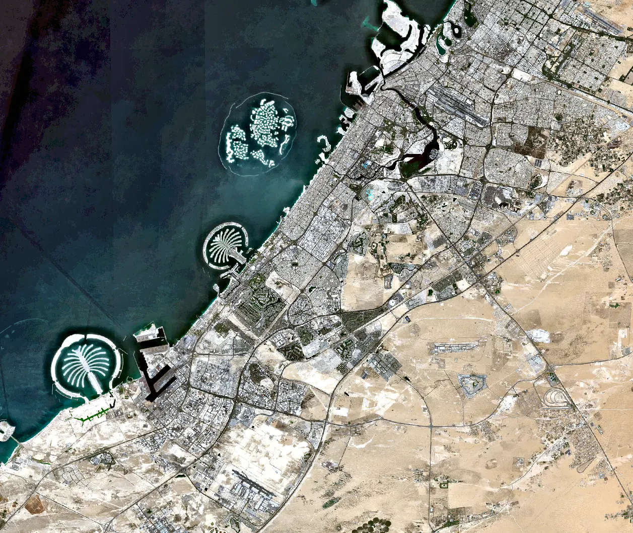 Satellite image of Dubai's coastline and the Palm Jumeirah